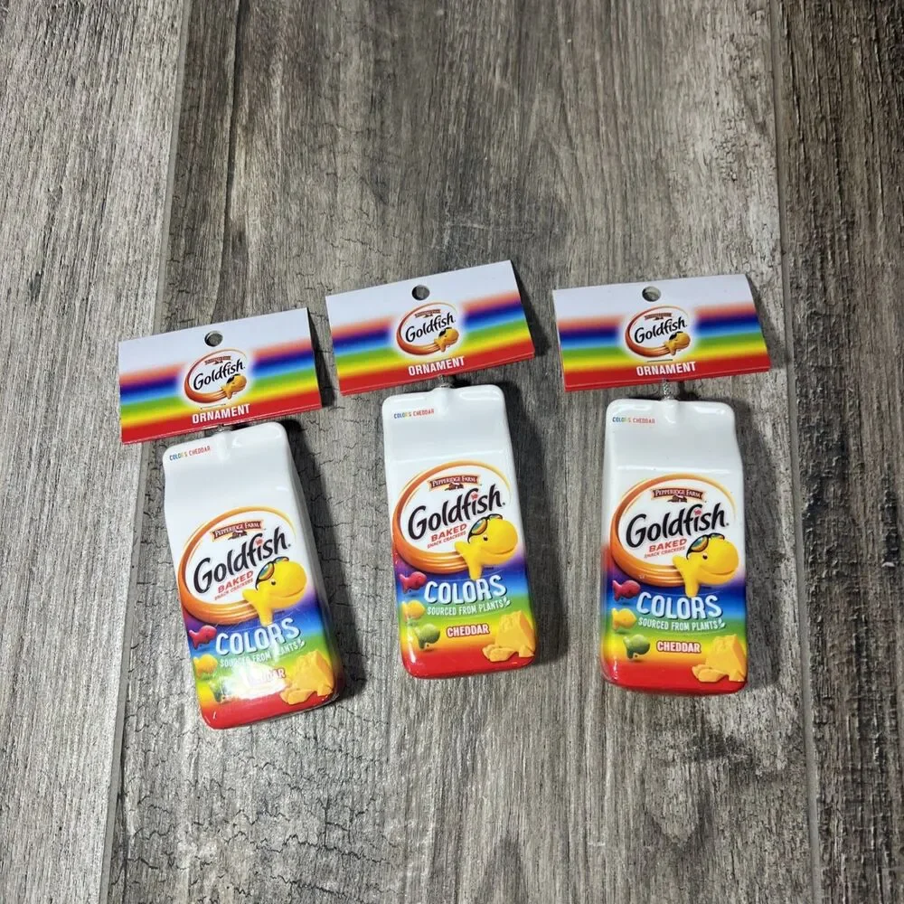 Lot of 3 Rainbow Cheddar Goldfish Bag Christmas Gift Ornament Food Crackers NWT
